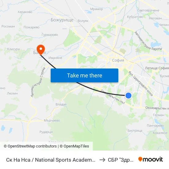 Ск На Нса / National Sports Academy (1609) to СБР "Здраве" map