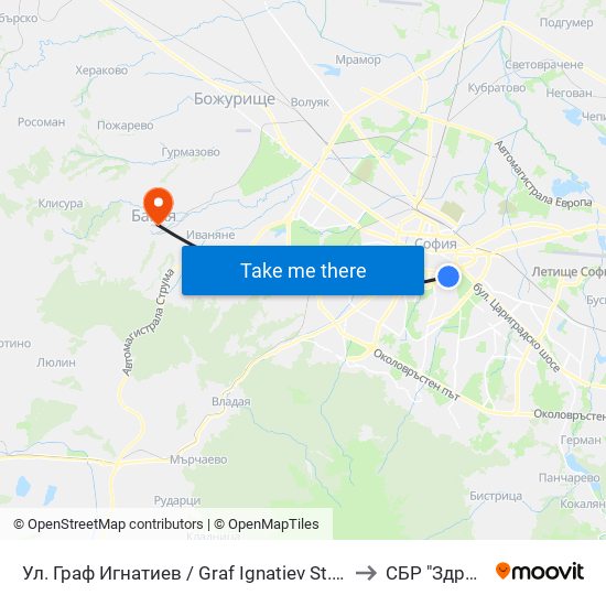 Ул. Граф Игнатиев / Graf Ignatiev St. (1914) to СБР "Здраве" map