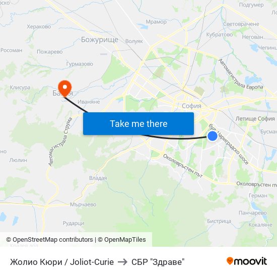 Жолио Кюри / Joliot-Curie to СБР "Здраве" map