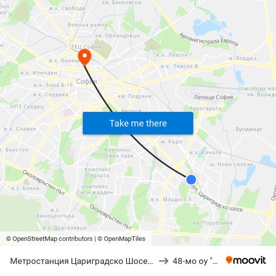 Метростанция Цариградско Шосе / Tsarigradsko Shosse Metro Station (1016) to 48-мо оу "Йосиф Ковачев" map