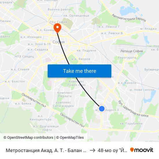 Метростанция Акад. А. Т. - Балан / Acad. A. T.-Balan Metro Station (1917) to 48-мо оу "Йосиф Ковачев" map