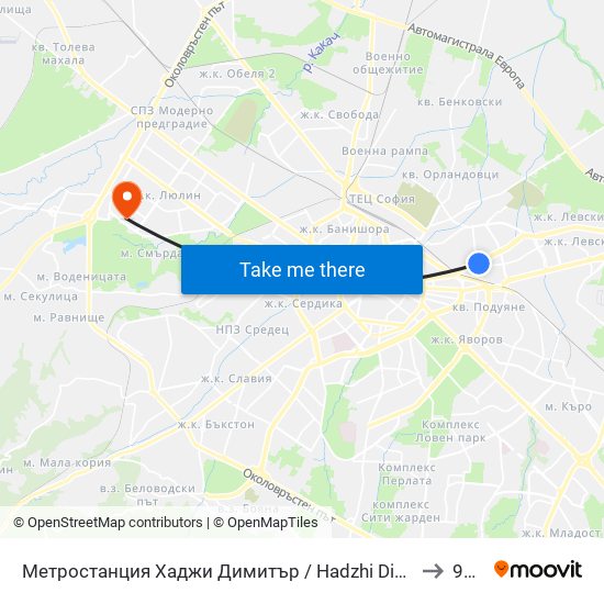 Метростанция Хаджи Димитър / Hadzhi Dimitar Metro Station (0303) to 97 СУ map