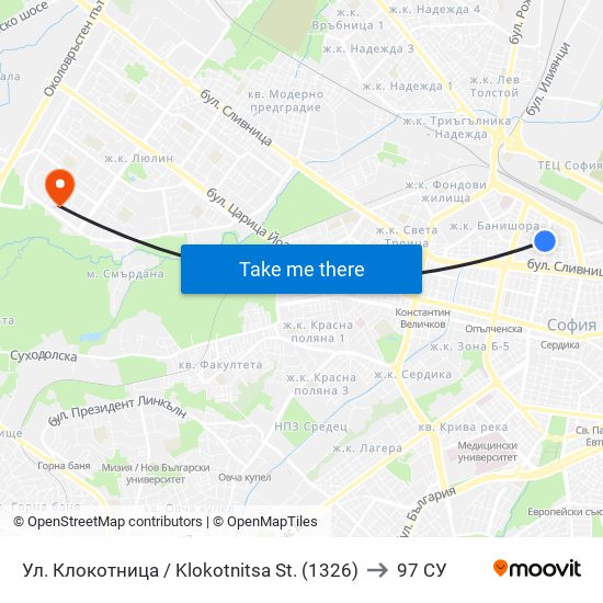 Ул. Клокотница / Klokotnitsa St. (1326) to 97 СУ map