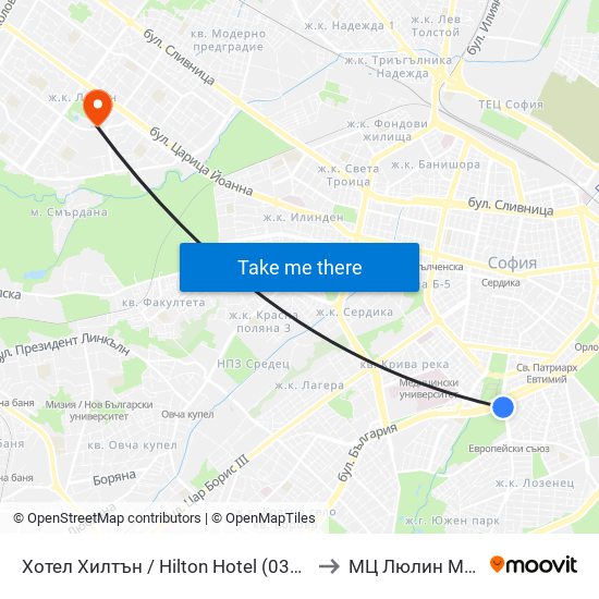 Хотел Хилтън / Hilton Hotel (0397) to МЦ Люлин Мед map