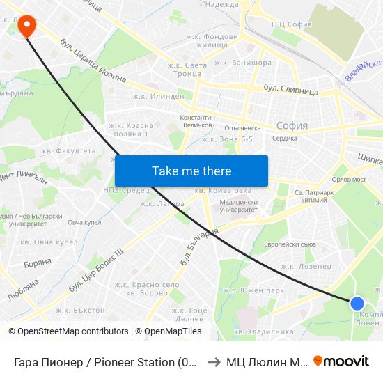 Гара Пионер / Pioneer Station (0465) to МЦ Люлин Мед map