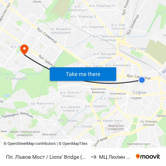 Пл. Лъвов Мост / Lions' Bridge (1276) to МЦ Люлин Мед map