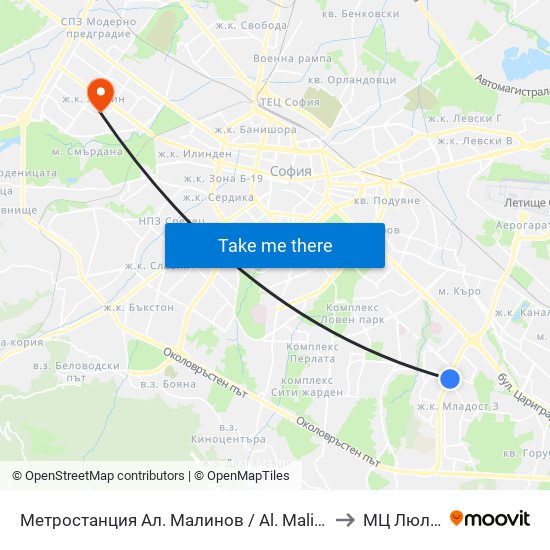 Метростанция Ал. Малинов / Al. Malinov Metro Station (0170) to МЦ Люлин Мед map