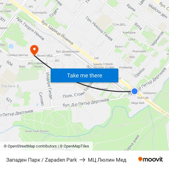 Западен Парк / Zapaden Park to МЦ Люлин Мед map