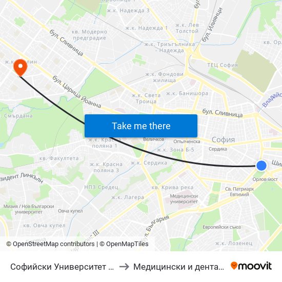 Софийски Университет / Sofia University (1700) to Медицински и дентален център МЕДИВА map