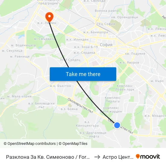 Разклона За Кв. Симеоново / Fork Road To Simeonovo Qr. (1459) to Астро Център "Урания" map