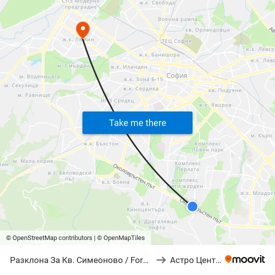 Разклона За Кв. Симеоново / Fork Road To Simeonovo Qr. (1458) to Астро Център "Урания" map