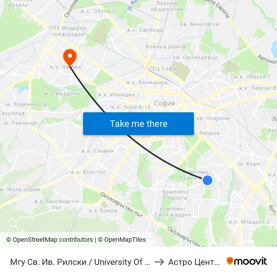 🎓 Минно-Геоложки Университет / University Of Mining And Geology (1033) to Астро Център "Урания" map