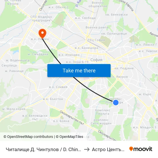 📚 Читалище Д. Чинтулов / D. Chintulov Library (2365) to Астро Център "Урания" map
