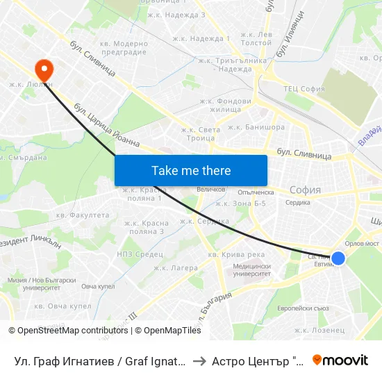Ⓜ️🎓 Ул. Граф Игнатиев / Graf Ignatiev St. (1914) to Астро Център "Урания" map