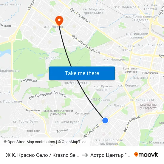 Ⓜ️ Ж.К. Красно Село / Krasno Selo Qr. (0638) to Астро Център "Урания" map