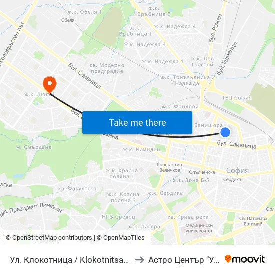 Ул. Клокотница / Klokotnitsa St. (1326) to Астро Център "Урания" map
