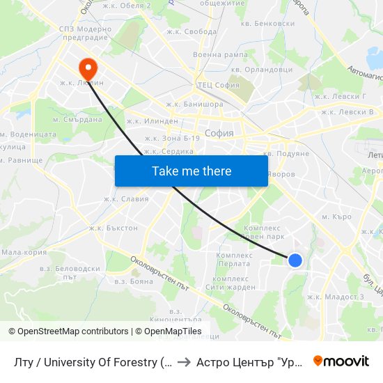 Лту / University Of Forestry (0614) to Астро Център "Урания" map