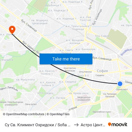 Су Св. Климент Охридски / Sofia University St. Kliment Ohridski to Астро Център "Урания" map