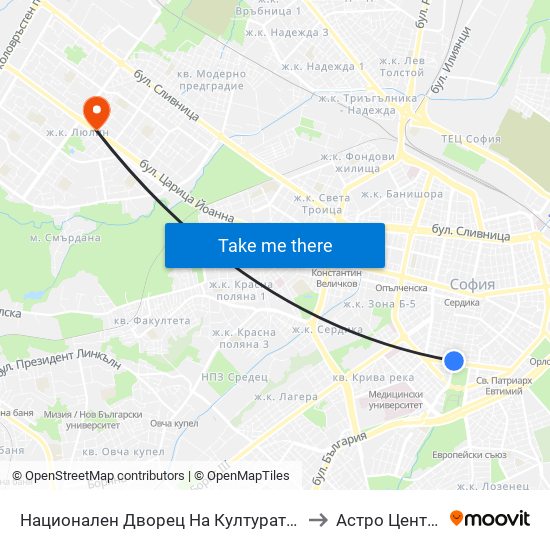 Национален Дворец На Културата / National Palace Of Culture to Астро Център "Урания" map