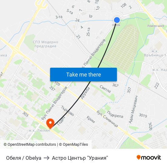 Обеля / Obelya to Астро Център "Урания" map