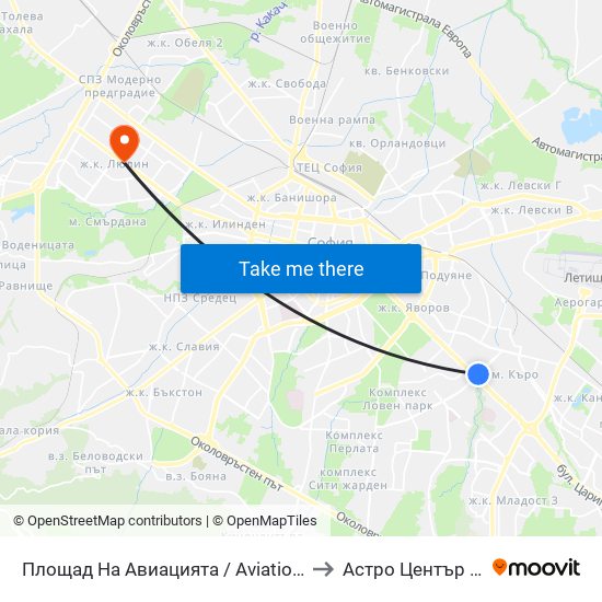 Площад На Авиацията / Aviation Square (1258) to Астро Център "Урания" map