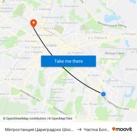 Метростанция Цариградско Шосе / Tsarigradsko Shosse Metro Station (1016) to Частна Болница Йоан Павел map