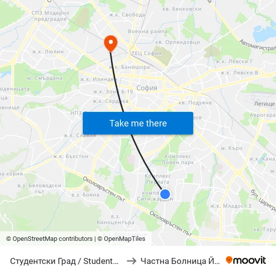 Студентски Град / Students' Town (2382) to Частна Болница Йоан Павел map