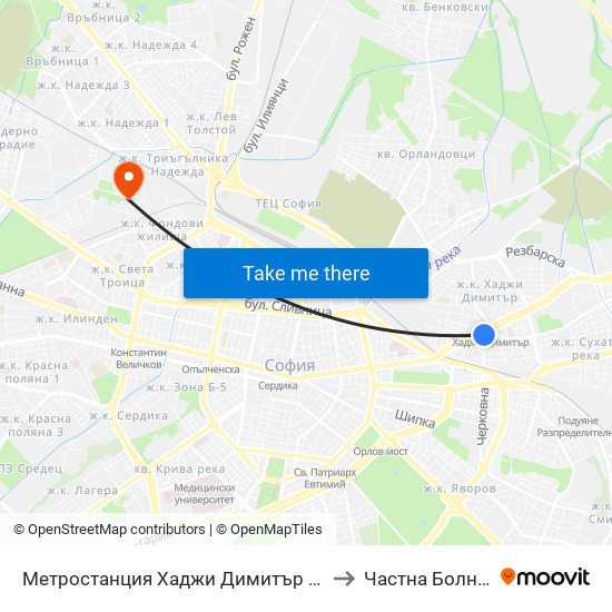 Метростанция Хаджи Димитър / Hadzhi Dimitar Metro Station (0303) to Частна Болница Йоан Павел map