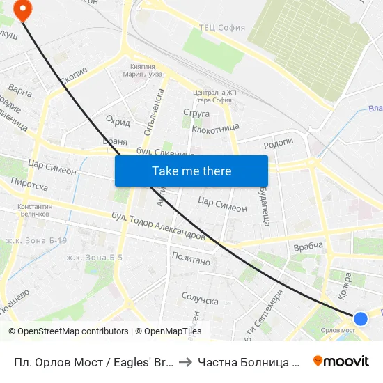 Ⓜ️ Пл. Орлов Мост / Eagles' Bridge Sq. (1290) to Частна Болница Йоан Павел map