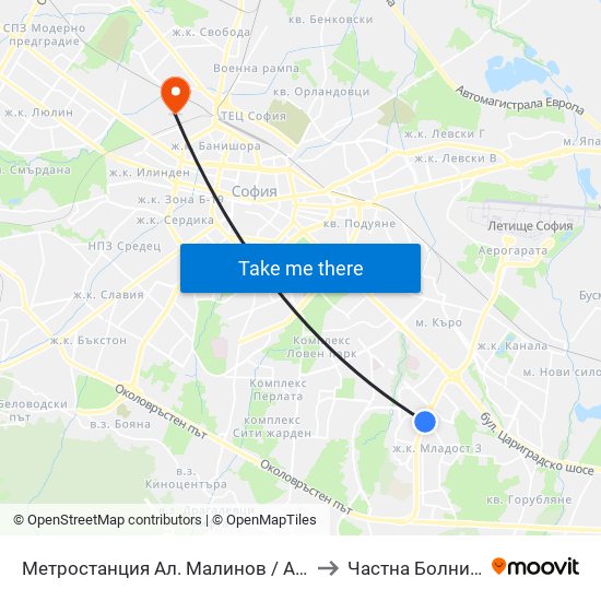 Метростанция Ал. Малинов / Al. Malinov Metro Station (0169) to Частна Болница Йоан Павел map