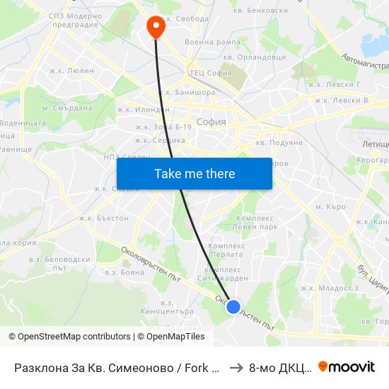 Разклона За Кв. Симеоново / Fork Road To Simeonovo Qr. (1458) to 8-мо ДКЦ Надежда map