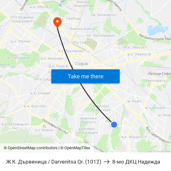 Ж.К. Дървеница / Darvenitsa Qr. (1012) to 8-мо ДКЦ Надежда map