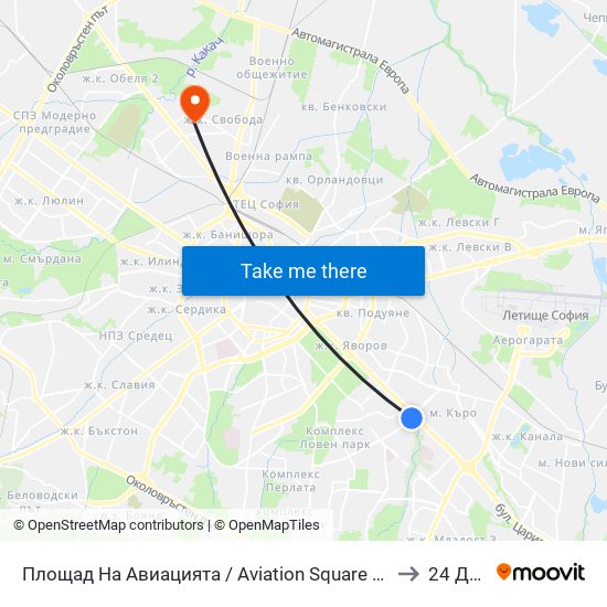 Площад На Авиацията / Aviation Square (1257) to 24 ДКЦ map