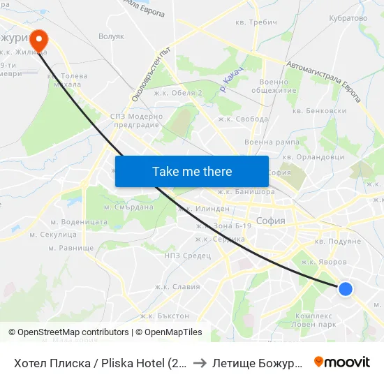 Хотел Плиска / Pliska Hotel (2326) to Летище Божурище map