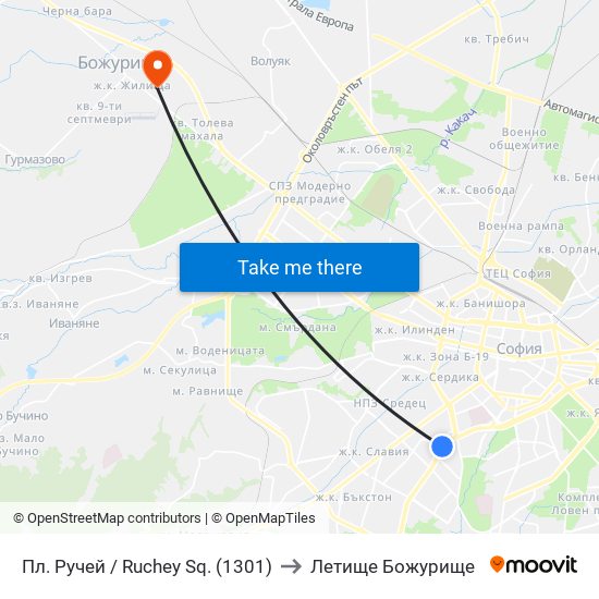 Пл. Ручей / Ruchey Sq. (1301) to Летище Божурище map