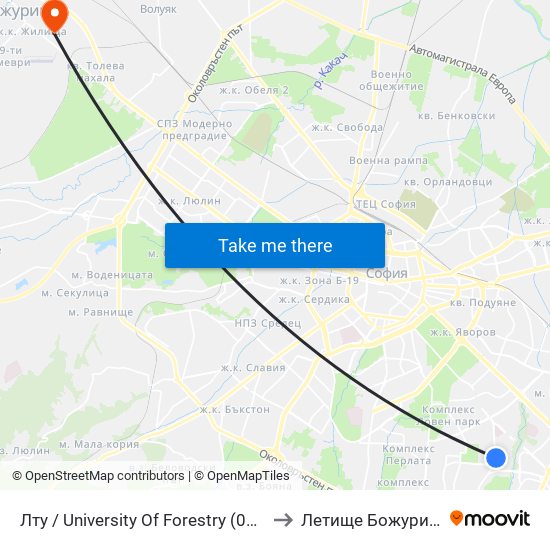 Лту / University Of Forestry (0617) to Летище Божурище map