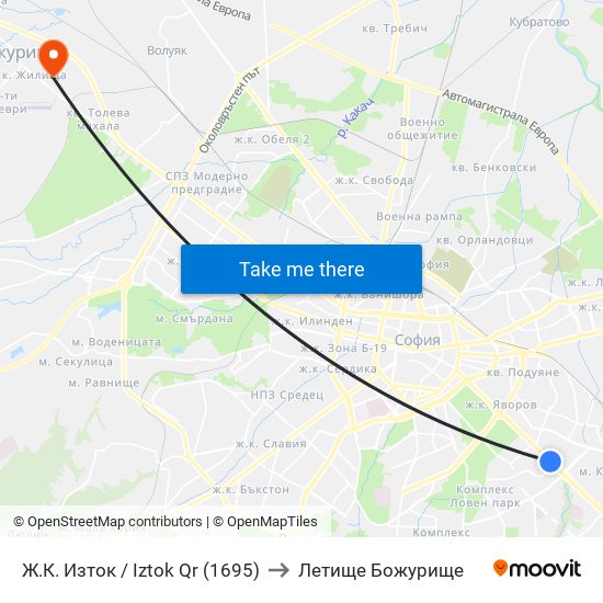 Ж.К. Изток / Iztok Qr (1695) to Летище Божурище map