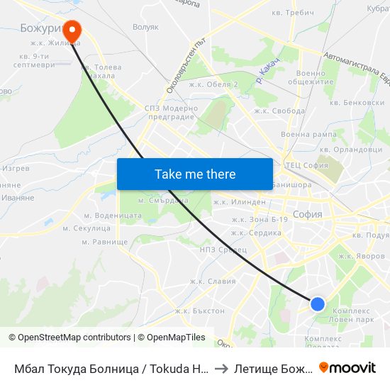 Мбал Токуда Болница / Tokuda Hospital (0206) to Летище Божурище map