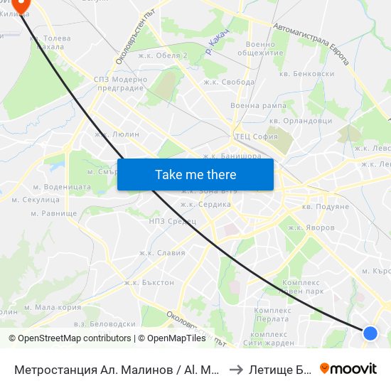 Метростанция Ал. Малинов / Al. Malinov Metro Station (0170) to Летище Божурище map