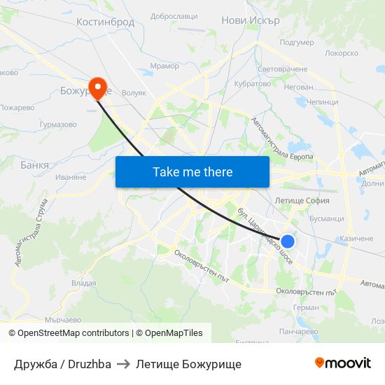 Дружба / Druzhba to Летище Божурище map
