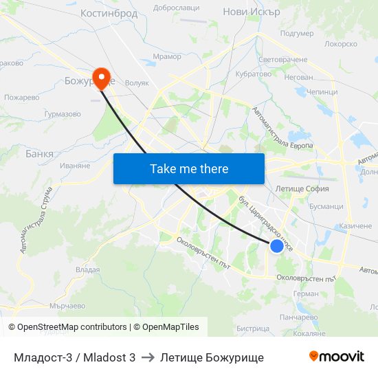 Младост-3 / Mladost 3 to Летище Божурище map