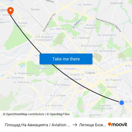 Площад На Авиацията / Aviation Square (1257) to Летище Божурище map