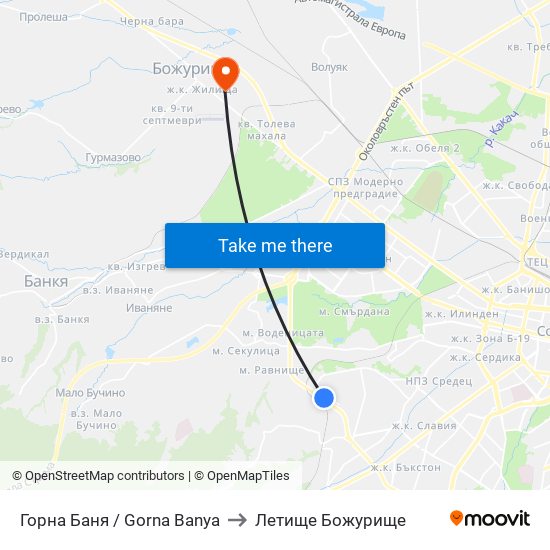 Горна Баня / Gorna Banya to Летище Божурище map