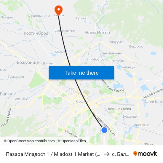 Пазара Младост 1 / Mladost 1 Market (0969) to с. Балша map