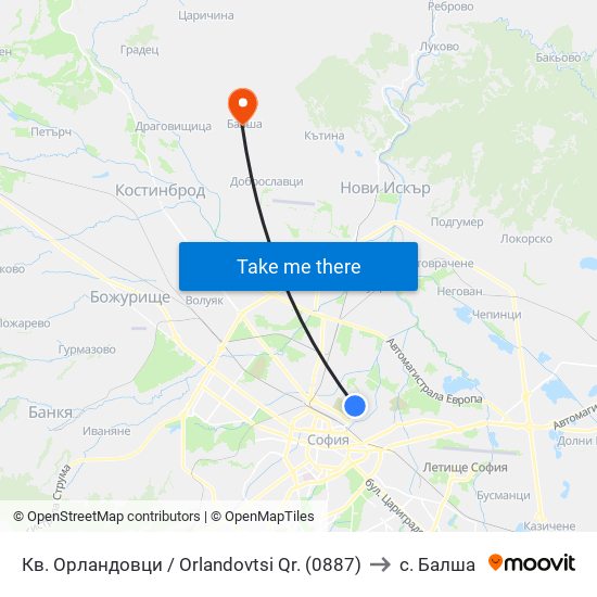 Кв. Орландовци / Orlandovtsi Qr. (0887) to с. Балша map
