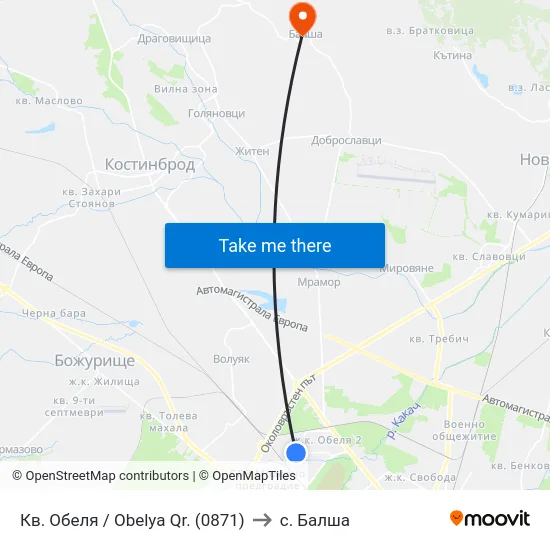 Кв. Обеля / Obelya Qr. (0871) to с. Балша map