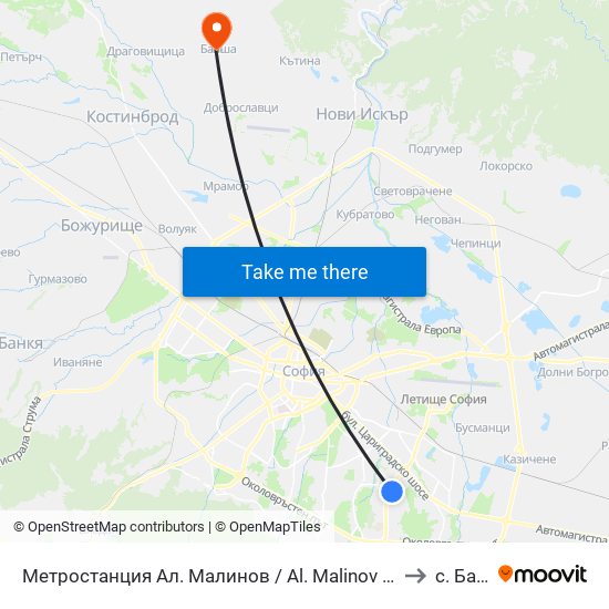 Метростанция Ал. Малинов / Al. Malinov Metro Station (2742) to с. Балша map