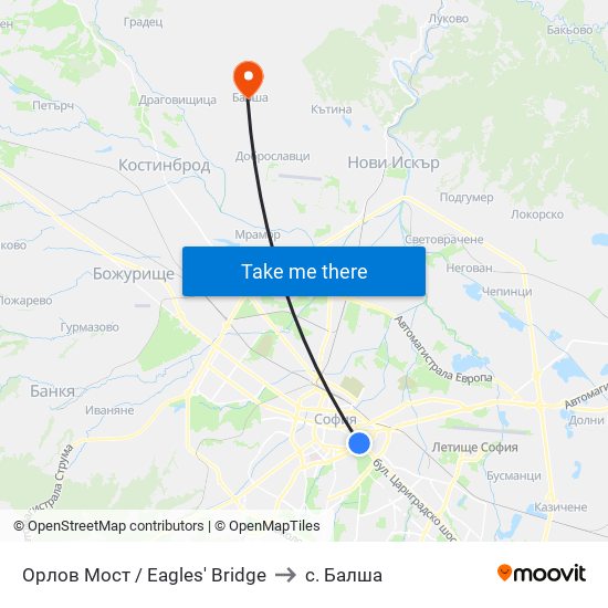 Орлов Мост / Eagles' Bridge to с. Балша map