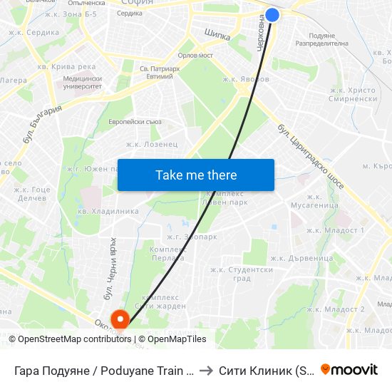 Гара Подуяне / Poduyane Train Station (0468) to Сити Клиник (Siti Klinik) map