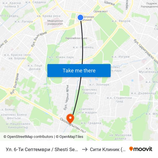 Ул. 6-Ти Септември / Shesti Septemvri St. (1806) to Сити Клиник (Siti Klinik) map